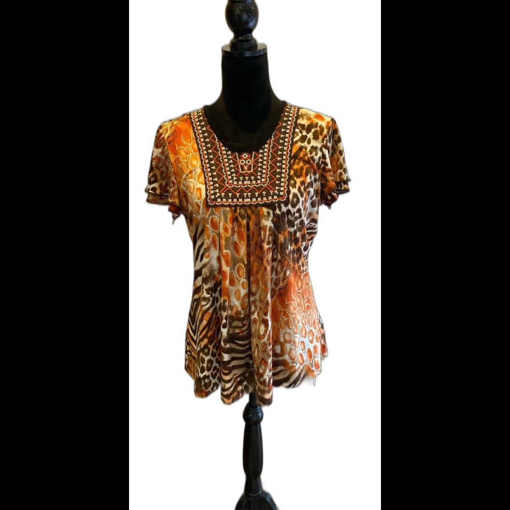 Notations Top  Sz Medium‎ Animal Print Zebra Cheetah Orange Brown Blouse